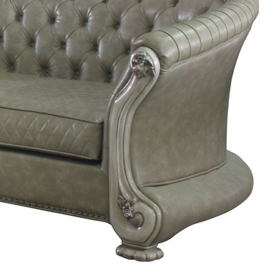 Vintage Bone White Faux Leather Tufted Sofa with Nailhead Trim