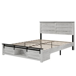 Gulches Queen Size Bed Frame With Upholstered Headboard Antique White Charging Station LED Pet Bed Noise Free No Box Spring Needed - 1 of 4