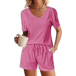 Ekouaer Womens Ribbed Knit Lounge Set Short Sleeve Top and Shorts Sleepwear Pajama Set Two Piece Shorts Outfits Set - 1 of 4