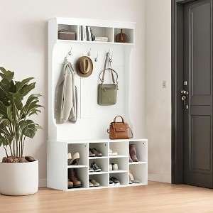 MAYEERTY White 71" Hall Tree with Shoe Storage, 7 Hooks - Freestanding, Adjustable Bench, Mudroom - 1 of 4