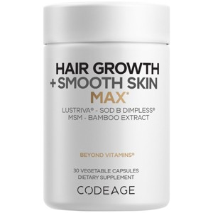 Codeage Hair Growth + Smooth Skin Max Vitamins Supplement - Hair Growth Health Skin Cellulite Support - Biotin, Vitamin C, MSM - 30 Capsules - 1 of 4