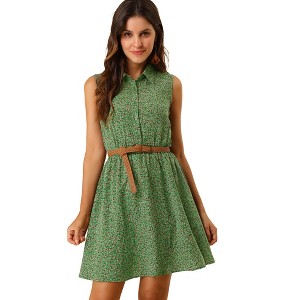 INSPIRE CHIC Women's Floral Sleeveless Half Placket Mini Belted Summer Dress - 1 of 4