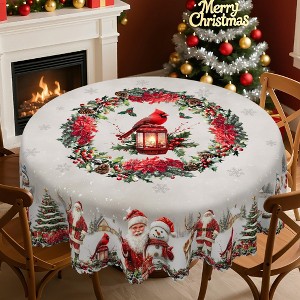 LOVEVOOK Christmas Tablecloth, Waterproof Table Cloth, Snowman Trees Red Washable Table Cover for Party Picnic Dinner Holiday Decor - 1 of 4