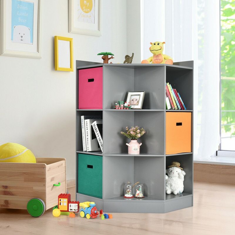 Costway 3-Tier Kid Storage Shelf Cubes w/3 Baskets Corner Cabinet Organizer Gray, 3 of 11