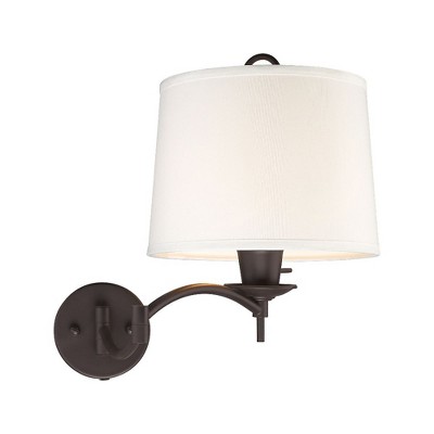 Transitional Bronze Swing Arm Wall Lamp with Off-White Linen Shade