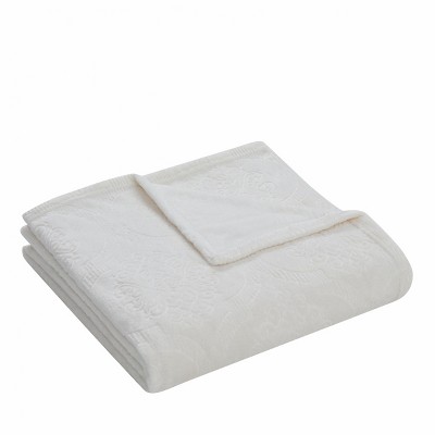Ivory Ultra Soft Fleece Throw Blanket with Ogee Damask Pattern