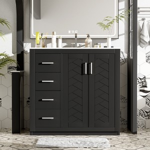Gulches 36'' Retro Bathroom Vanity with Ceramic Sink - Solid Wood Frame, 3 Drawers + Soft-Closing Doors, High-Quality MDF Storage Cabinet - 1 of 4