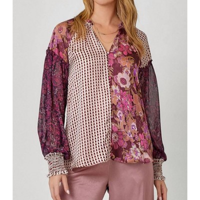 Women's Mixed Print Long Sleeve Blouse - mystree