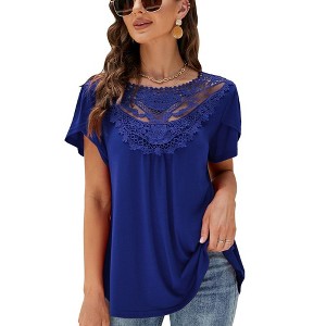 Summer Blouse For Women Lace Petal Sleeve Tops Short Sleeve Pleated Shirt Loose A Line Tshirts - 1 of 4