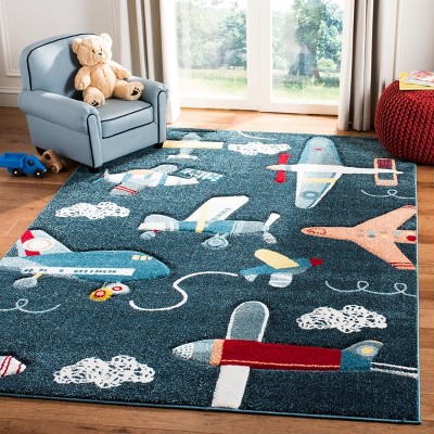 Blue Rectangular Synthetic Kids Rug, 39" x 63"