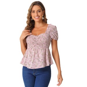 INSPIRE CHIC Women's Short Sleeve Floral Sweetheart Neck Shirred Ruffle Peasant Top - 1 of 4