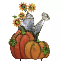 Home & Garden 37.5" Watering Can With Pumpkins Yard Decor Sunflower Direct Designs International  -  Decorative Garden Stakes