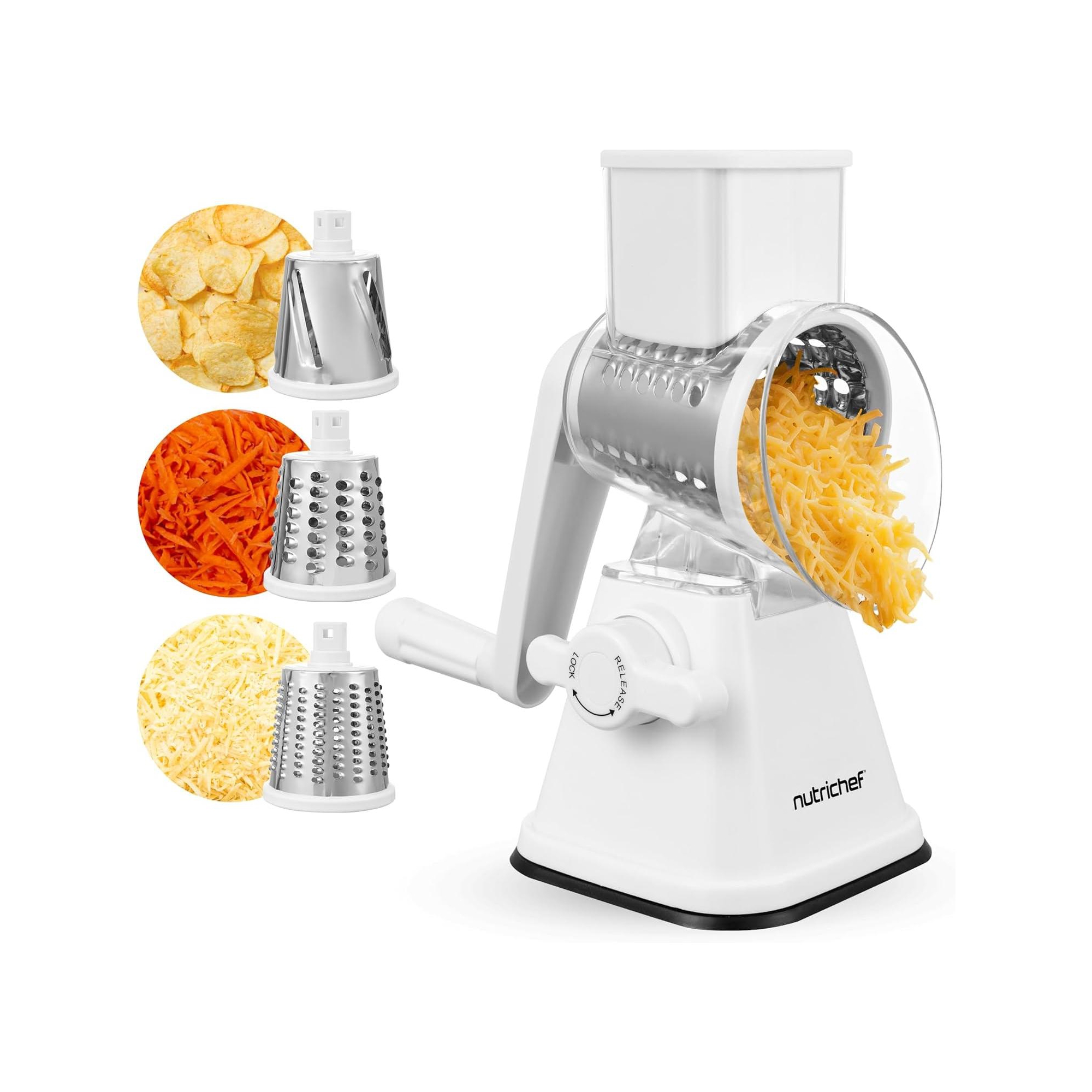 NutriChef Rotary Cheese Grater with Handle & 3 Replaceable Drum Blades - White