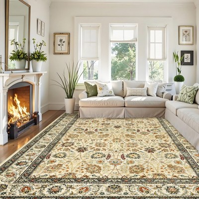 Machine Washable Boho Area Rug - Ultra-Thin Low Pile Carpet, Lightweight Indoor Rug, Non Slip Floral Rug for Living Room, Bedroom, Dining Room