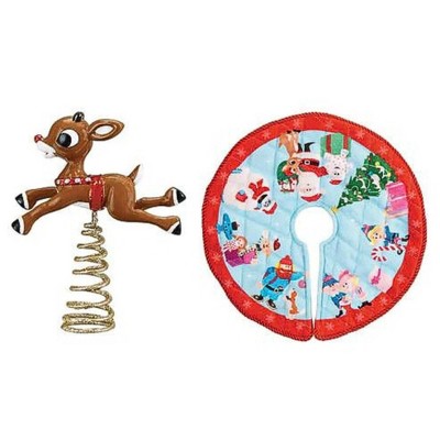 Old World Christmas 5.0 Inch Rudolph Mini Tree Topper & Skirt Reindeer Red Nose Fabric Metal Tree Toppers