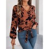 Womens Tie Front Knot Lartern Long Sleeve Button Shirt Loose Fit V Neck Floral Blouses Chiffon Tops Shirts - 4 of 4