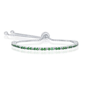 Bella Silver Sterling Silver 2MM Green CZ 'May Birthstone' Tennis Adjustable Bolo Bracelet - Green - 1 of 2