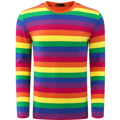 Lars Amadeus Men's Crew Neck Long Sleeves Casual Pullover Rainbow Striped T-Shirt