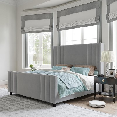 AMERLIFE Velvet Upholstered Platform Bed with Vertical Channel Tufted Headboard/Wingback