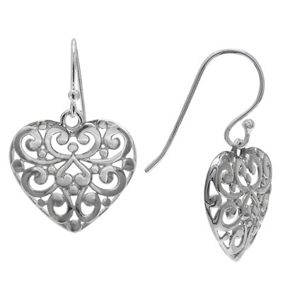 Women's Filigree Heart Drop Earrings in Sterling Silver - Gray (29mm)