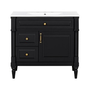 Gulches 36 in 18 in Undermount Rectangular Bathroom Sink in Black Solid Rubberwood MDF Ceramic with 3 Drawers Adjustable Shelf Metal Handles - 1 of 4