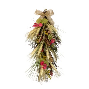 Northlight 24" Autumn Harvest Wheat and Eucalyptus with Feathers Teardrop Swag - Unlit - 1 of 4