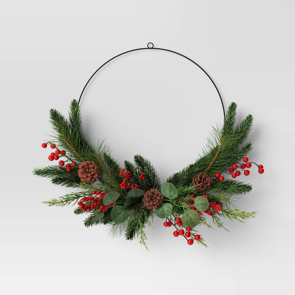 22" Mixed Greenery with Pinecones & Red Berries Artificial Christmas Wreath Green - Wondershop™