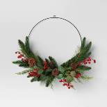 22" Mixed Greenery with Pinecones & Red Berries Artificial Christmas Wreath Green - Wondershop™