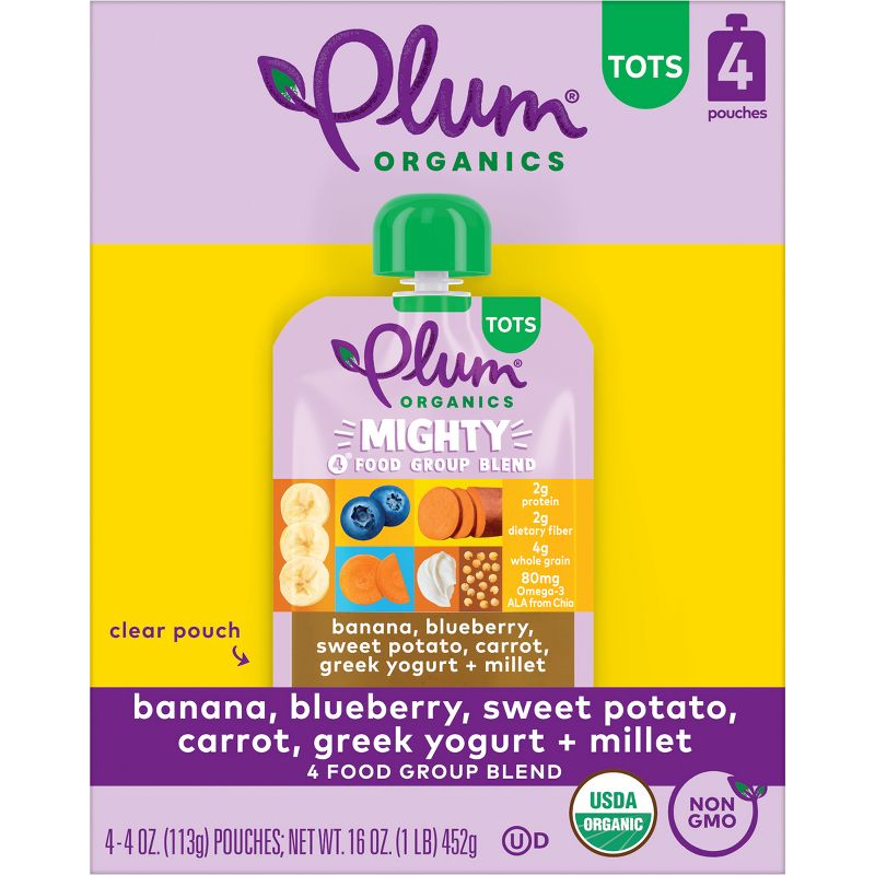 Plum Organics 4pk Mighty 4 Banana Blueberry Sweet Potato Carrot Greek Yogurt &#38; Millet Baby Food Pouches - 16oz, 1 of 13