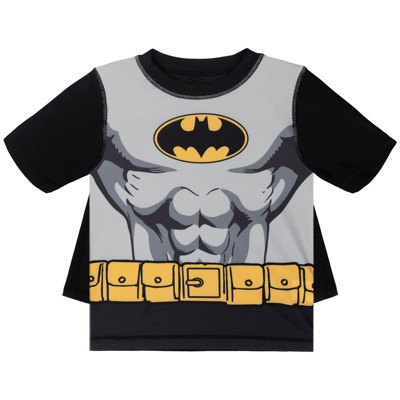 DC Comics Batman Little Boys Cosplay Rash Guard, Swim Trunks and Detachable Cape UPF 50+ 3 Piece Outfit Set Camo Gray / Black / Yellow — фото 2