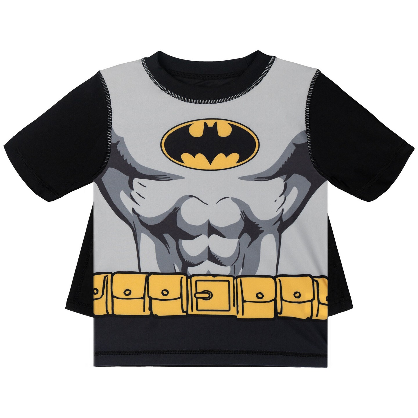DC Comics Batman Little Boys Cosplay Rash Guard, Swim Trunks and Detachable Cape UPF 50+ 3 Piece Outfit Set Camo Gray / Black / Yellow, цвет: Камуфляжный — фото 2