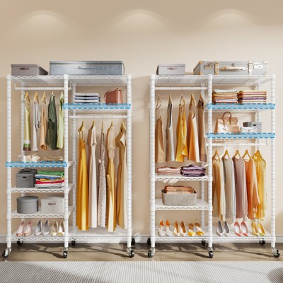 White Heavy Duty Rolling Garment Rack with Adjustable Shelves