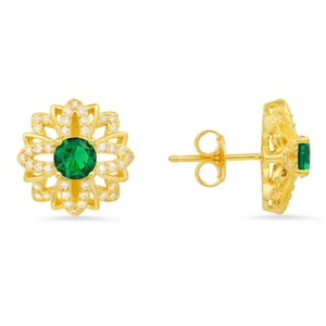 Queen Jewels 14k Yellow Gold Over Silver Emerald CZ Floral Stud Earrings - 1 of 2