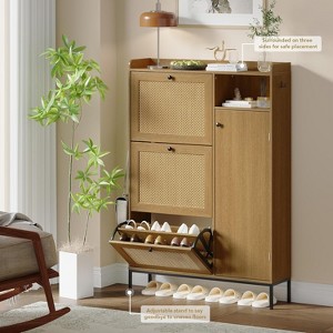 3 Tier Shoe Cabinet with Natural Rattan Flip Drawers, Free Standing Shoe Storage Organizer with Adjustable Shelves - 1 of 4