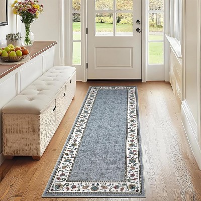 Machine Washable Vintage Rug with Non-Slip Backing, Stain-Resistant Low-Pile Floor Cover for Living Room, Bedroom & Kids Room