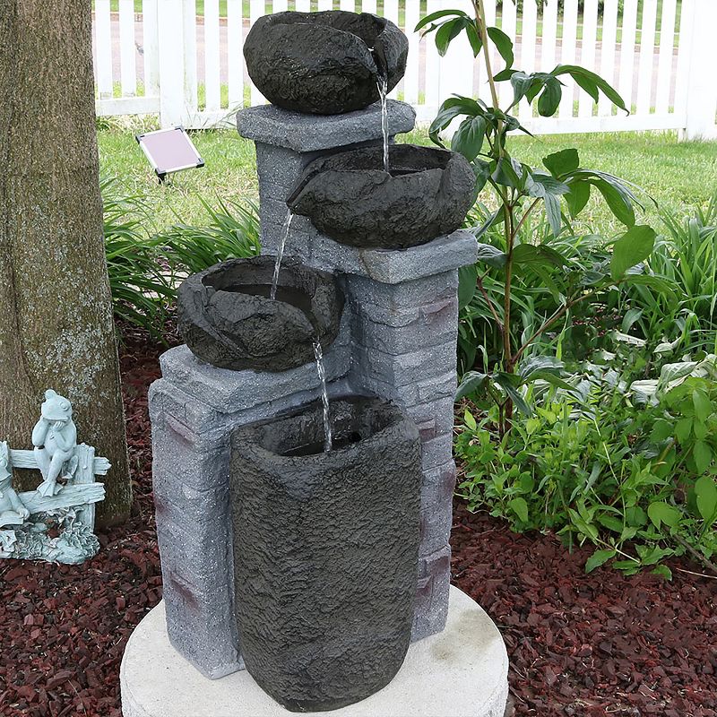 Sunnydaze Outdoor Polyresin Solar Powered Stone Bowls Water Fountain with LED Lights and Backup Battery - 30", 4 of 14