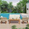 4-Piece Woven Rope Patio Conversation Set, Outdoor Garden Sofa with Solid Wood Loveseat, 2 Chairs and Table – Maison Boucle - 3 of 4