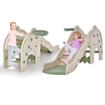 Safstar 3-in-1 Toddler Slide w/ Buffer Zone Basketball Hoop & Ball Elephant Design