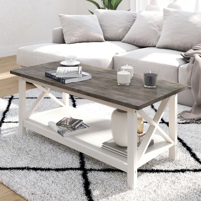Acacia Gray and Rustic White Rectangular Wood Coffee Table with Lower Shelf