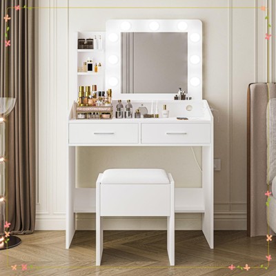 Vanity Desk with Large Mirror and Power Outlet, Makeup Vanity with 2 Drawers