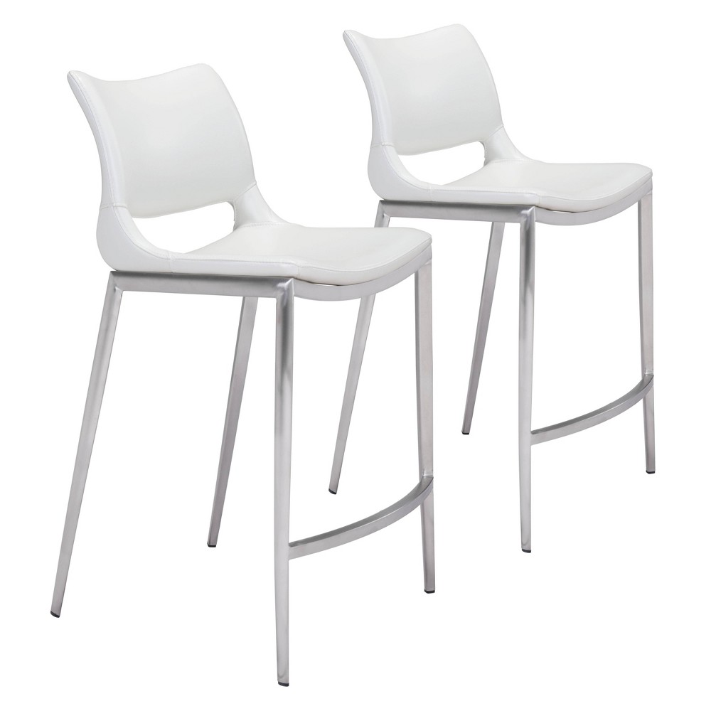 Photos - Chair Set of 2 Geary Counter Height Barstools White/Silver - ZM Home: Ergonomic,