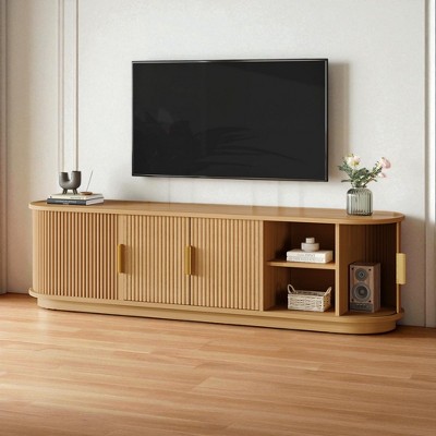 Mshliw Farmhouse Fluted TV Stand with Sliding Tambour Doors & Gold Handles, 67" Media Console for TVs up to 75", Adjustable Storage