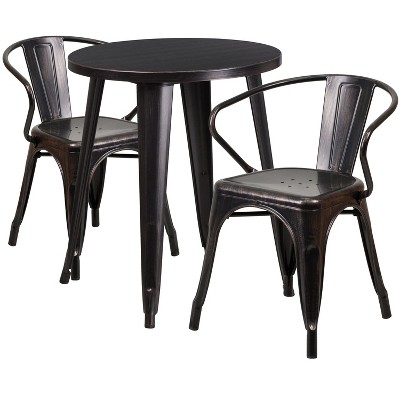 Emma and Oliver Commercial Grade 24" Round Black-Antique Gold Metal Table Set-2 Arm Chairs