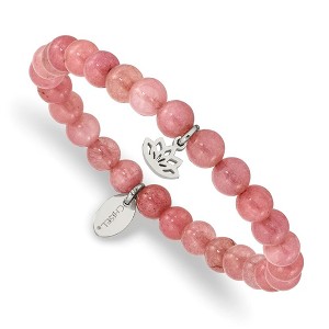 Chisel Stainless Steel Polished Lotus 6mm Pink Jade Beaded Stretch Bracelet - 1 of 4