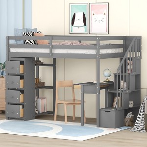 PAGED Simple Wooden Loft Bed Bunk Bed with Desk, Twin Size Bed Frame with 4 Drawers, 3 Shelves, Storage Stairs and Guardrail for Bedroom - 1 of 4