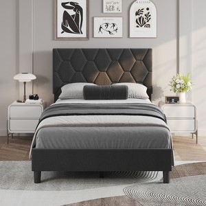 Platform Bed Frame with Upholstered Headboard and Wooden Slats Support - 1 of 4