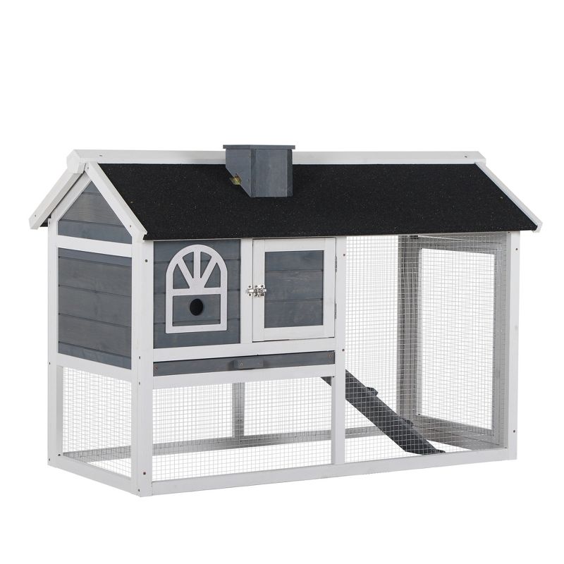 PawHut 47"L Rabbit Hutch Outdoor Bunny Cage with Waterproof Roof, Removable Tray, and Ramp, Gray & White, 4 of 8