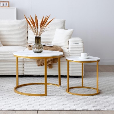 VYNXARIA Modern Set 2 Coffee Table Nesting White，gray top Golden Frame Circular Round and Marble Pattern Wooden Tables, Living Room Bedroom，Apartment