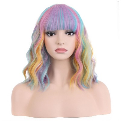 Jessie's Wig 14 Inch Rainbow Wig Short Wavy Wig with Bangs for Women Girls Heat Resistant Synthetic Cosplay Costume Wigs Multi Color 1 Pc/Pack
