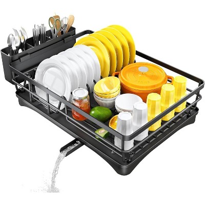 Attop Dish Drying Rack for Kitchen Counter - Large Dish Rack with Drainboard, Rustproof Dish Drainer with Utensil Holder for Sink, Black